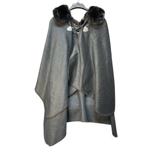 Jessica Rodriguez Black Cape Poncho Faux Fur Removable Collar Trendy Outwear O/S